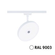 Rundes weißes LED-Spotlicht mit Metallhalterung in RAL 9003 für moderne Schienensysteme