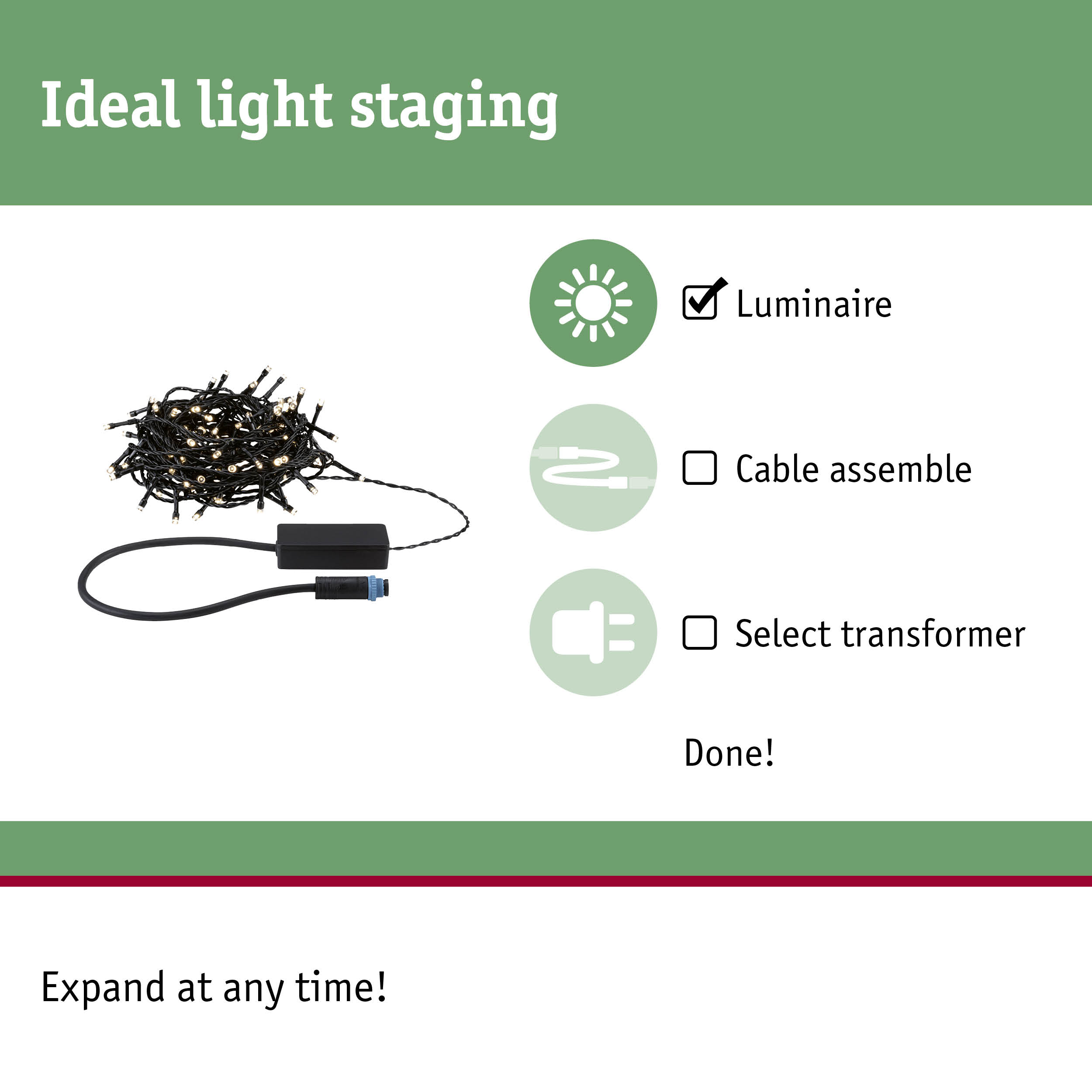 Black LED string lights with transformer and connector for flexible lighting setups.