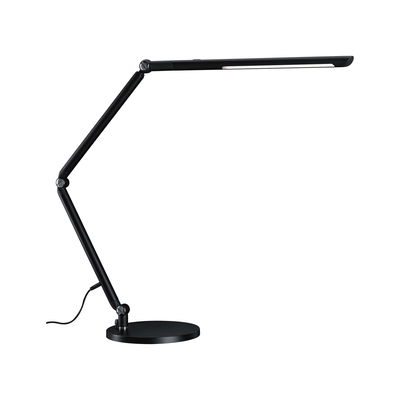 Sort metal LED-skrivebordslampe med justerbar arm og rund base til kontorbelysning