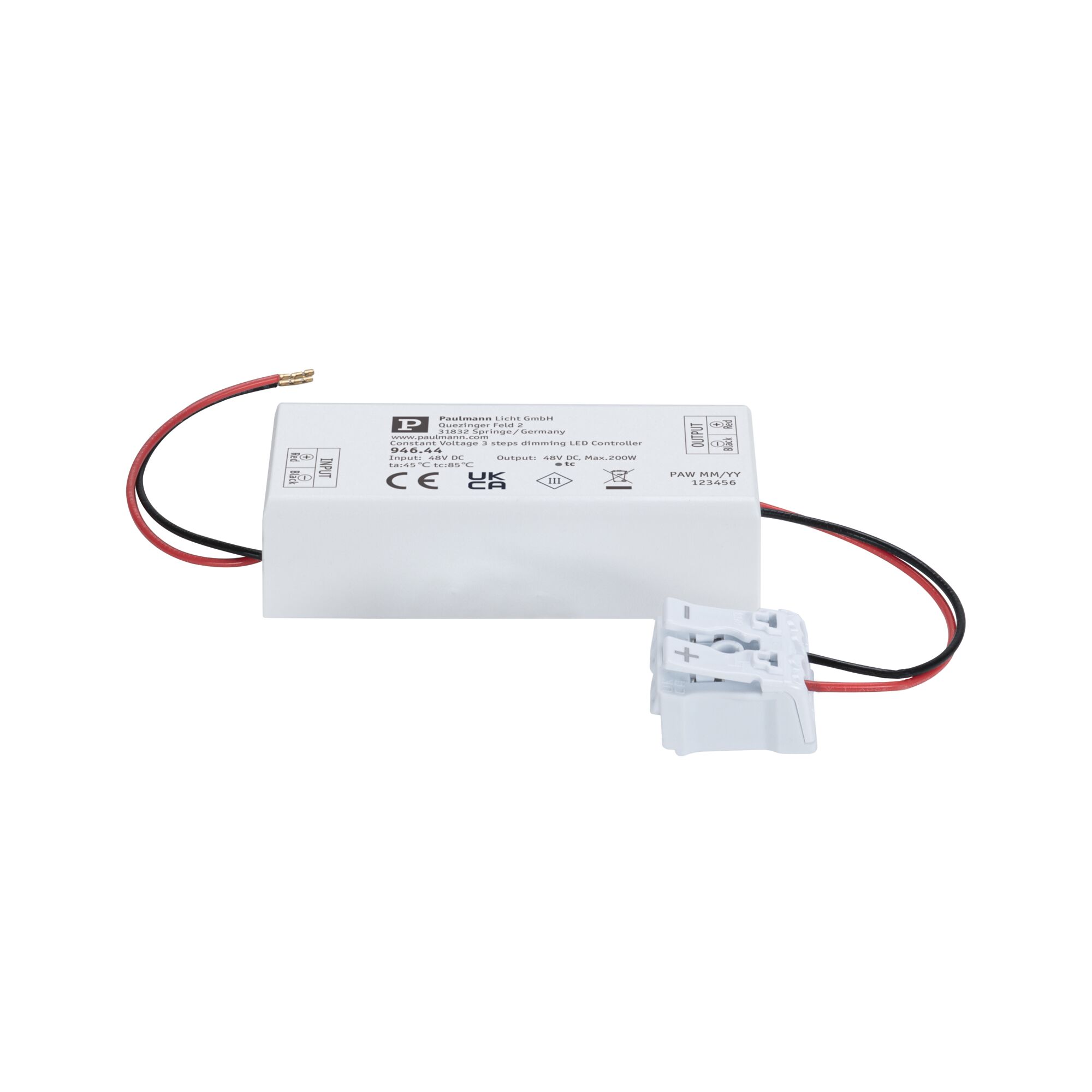 Witte kunststof LED-dimmercontroller met rode en zwarte draden voor 48V LED-verlichting