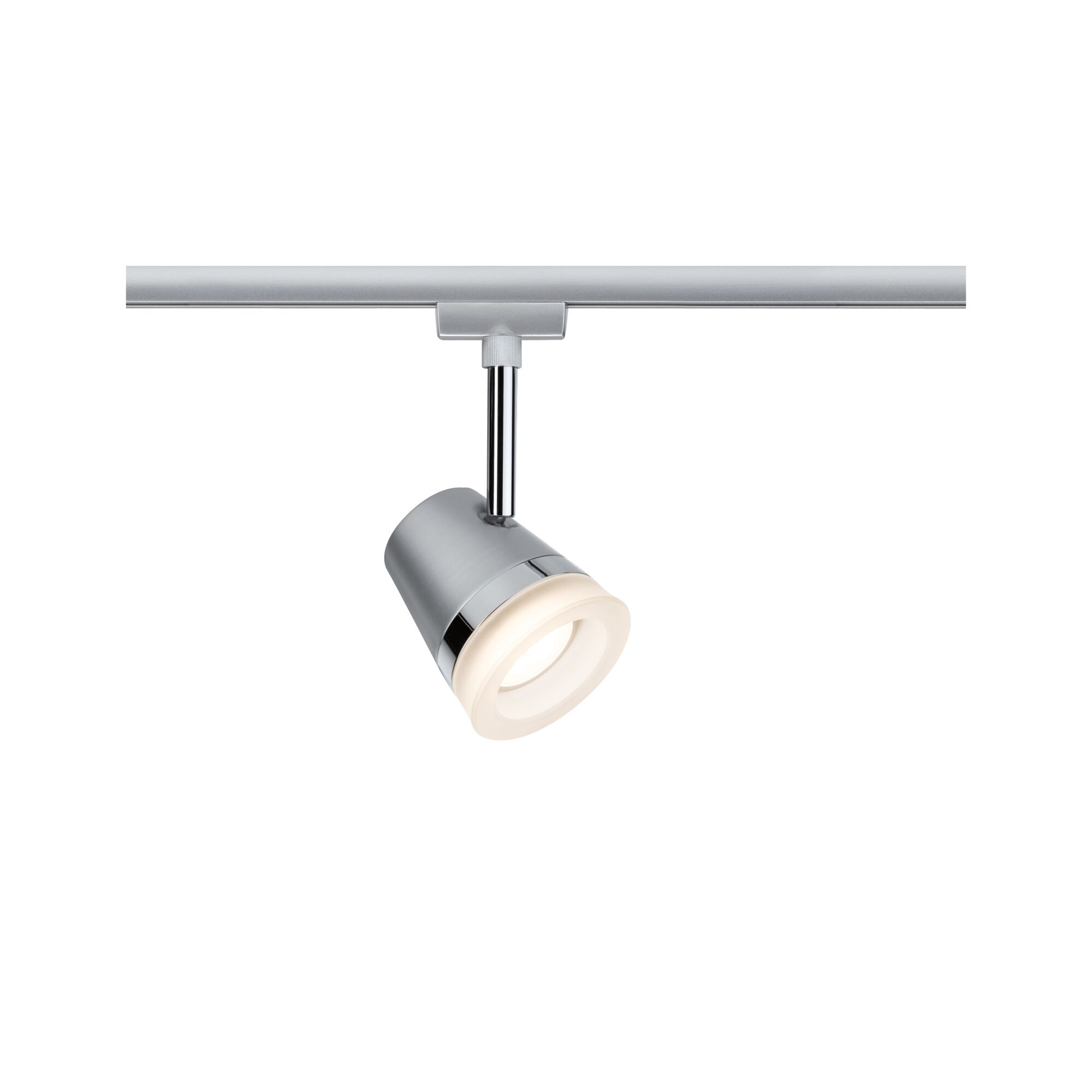 Moderner LED-Strahler in Silber mit warmweißem Licht für flexible Schienensysteme