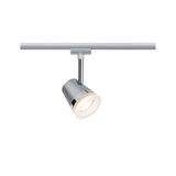 Modern silver LED spotlight with warm white light for flexible track lighting systems