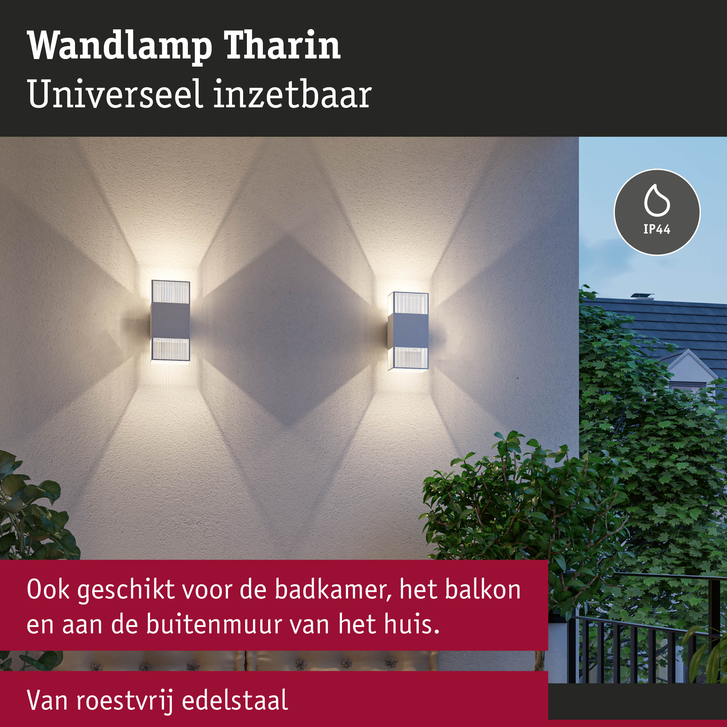 Wandlamp Tharin van wit roestvrij staal met IP44 bescherming, geschikt voor badkamer en balkon