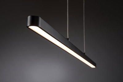 Black metal LED pendant light with warm white illumination for modern interiors
