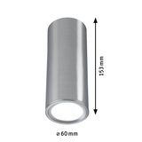 Cilindervormige LED-plafondlamp van geborsteld zilverkleurig aluminium, 60 mm diameter.