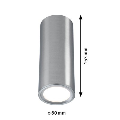 Zylindrische LED-Deckenleuchte aus gebürstetem Aluminium in Silber mit 60 mm Durchmesser.