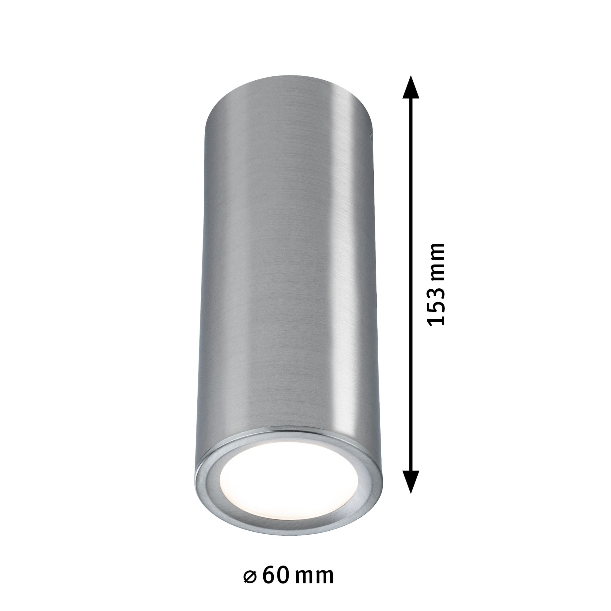Zylindrische LED-Deckenleuchte aus gebürstetem Aluminium in Silber mit 60 mm Durchmesser.
