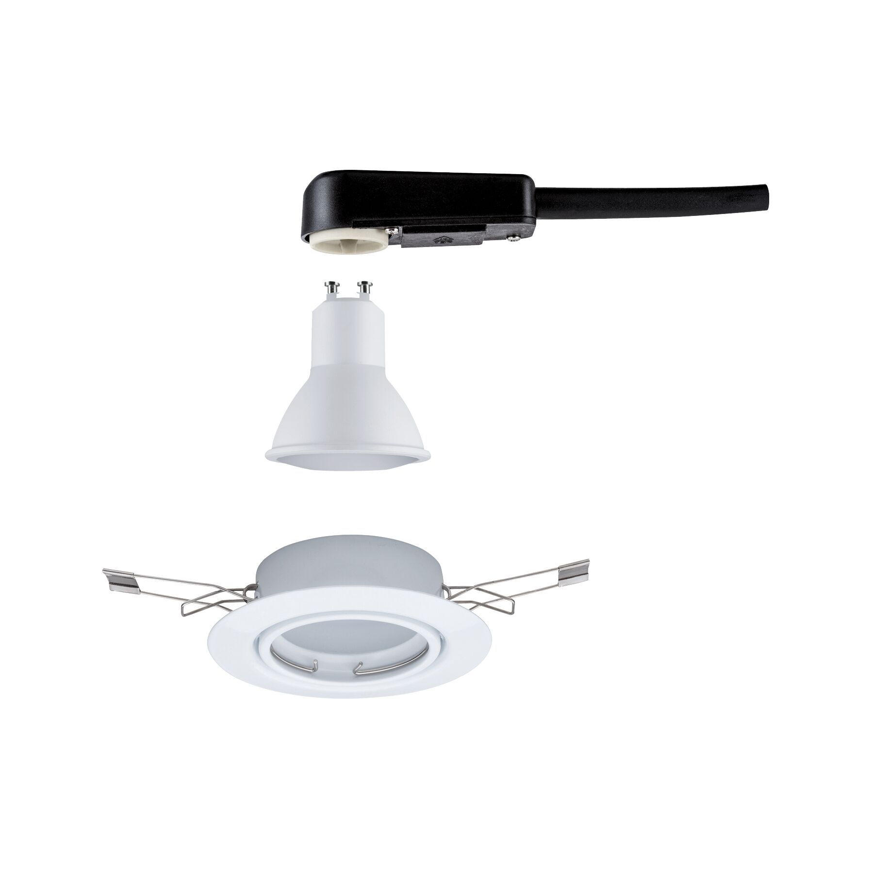 Spot encastré LED GU10 blanc avec câble noir et ressorts métalliques pour montage au plafond