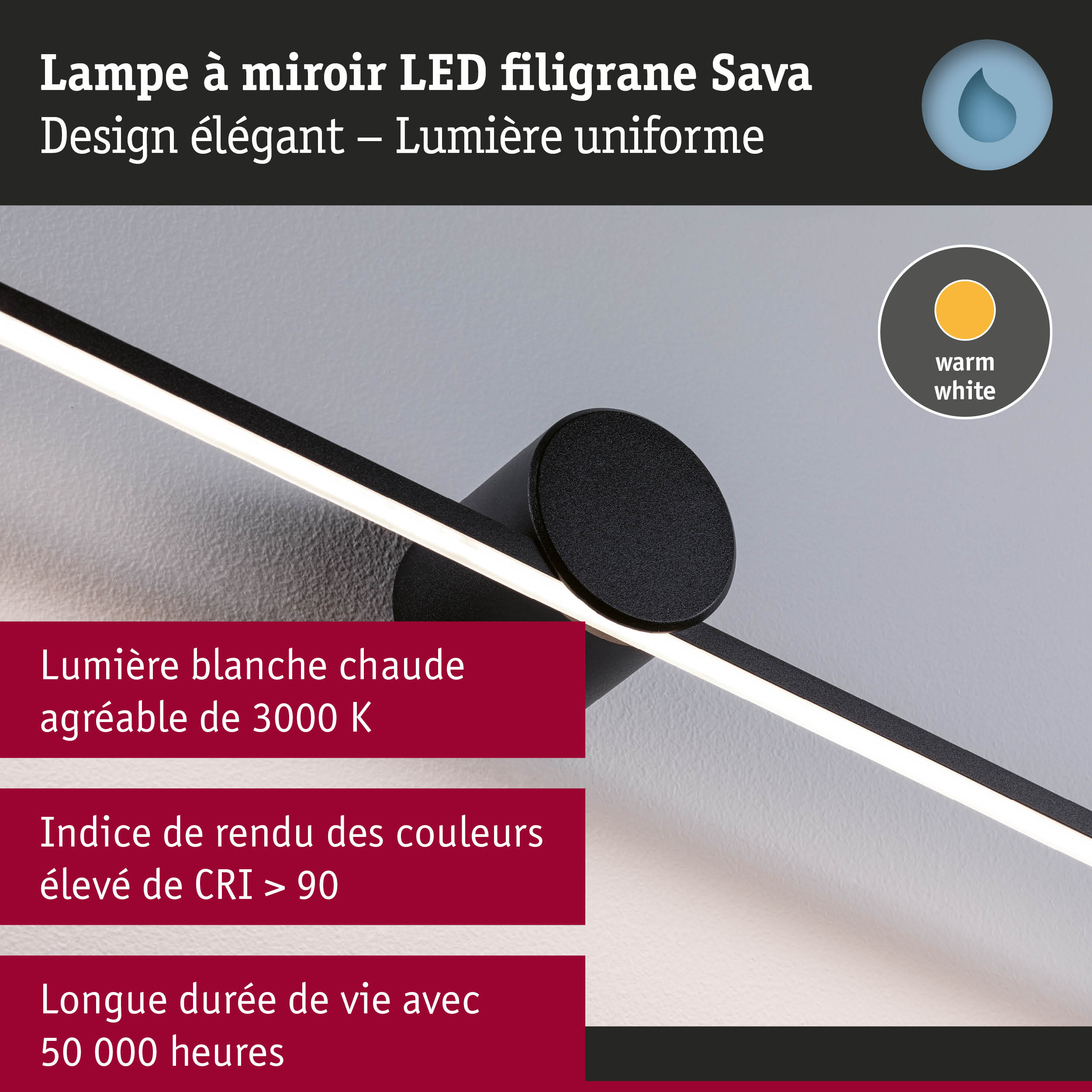 Lampe à miroir LED filigrane noire Sava avec lumière blanc chaud et indice de rendu des couleurs CRI supérieur à 90