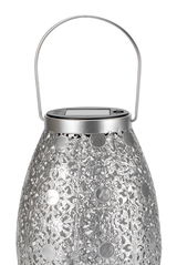 Silver metal solar lantern with intricate pattern and handle, suitable for outdoor decoration