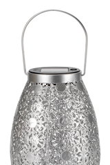 Silver metal solar lantern with intricate pattern and handle, suitable for outdoor decoration