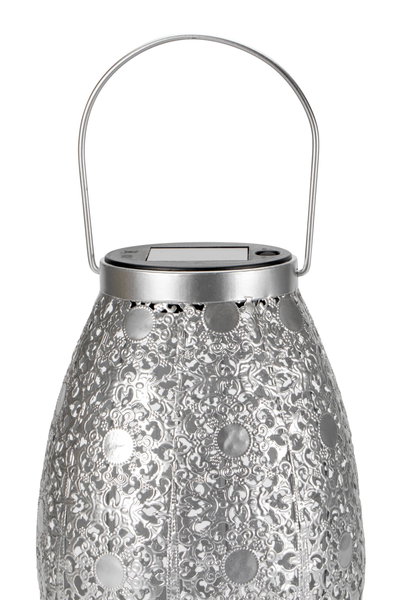 Silver metal solar lantern with intricate pattern and handle, suitable for outdoor decoration