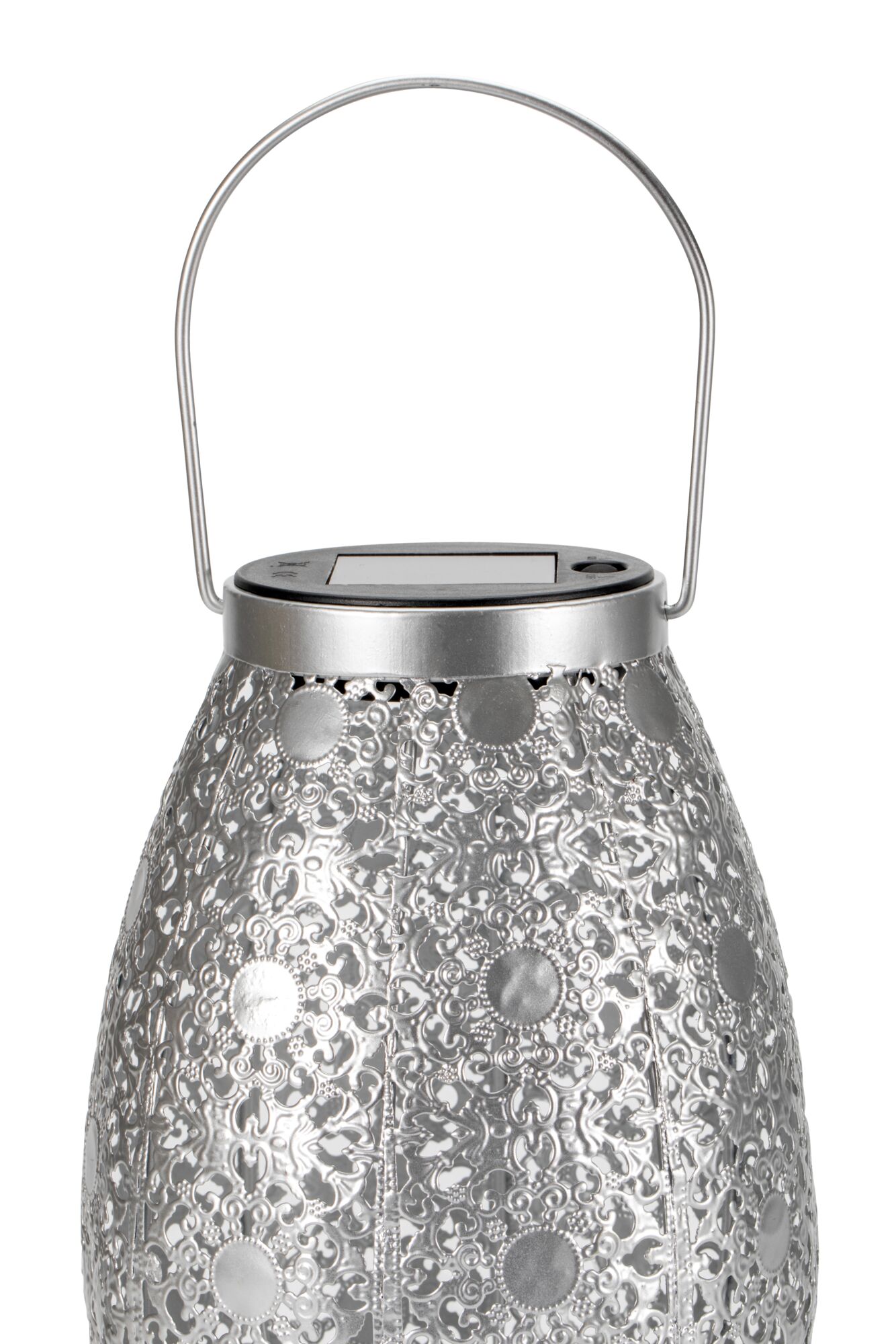 Silver metal lantern with intricate pattern and solar panel on top for outdoor lighting decoration