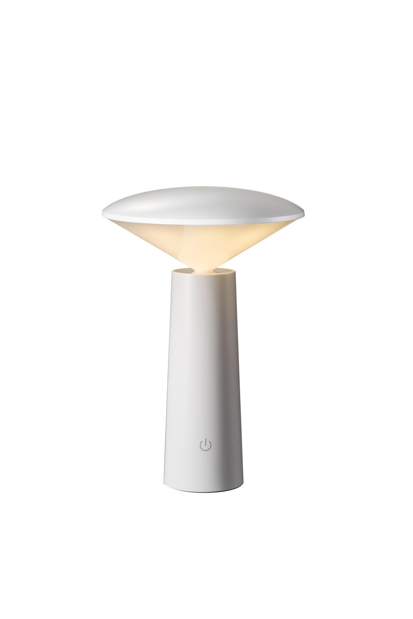 Modern white plastic LED table lamp with warm light and touch power button for ambient lighting