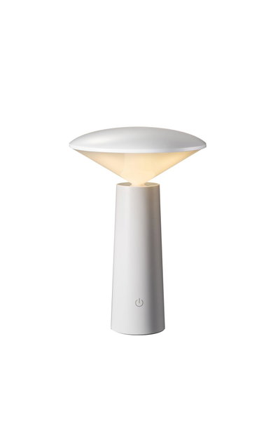 Modern white plastic LED table lamp with warm light and touch power button for ambient lighting