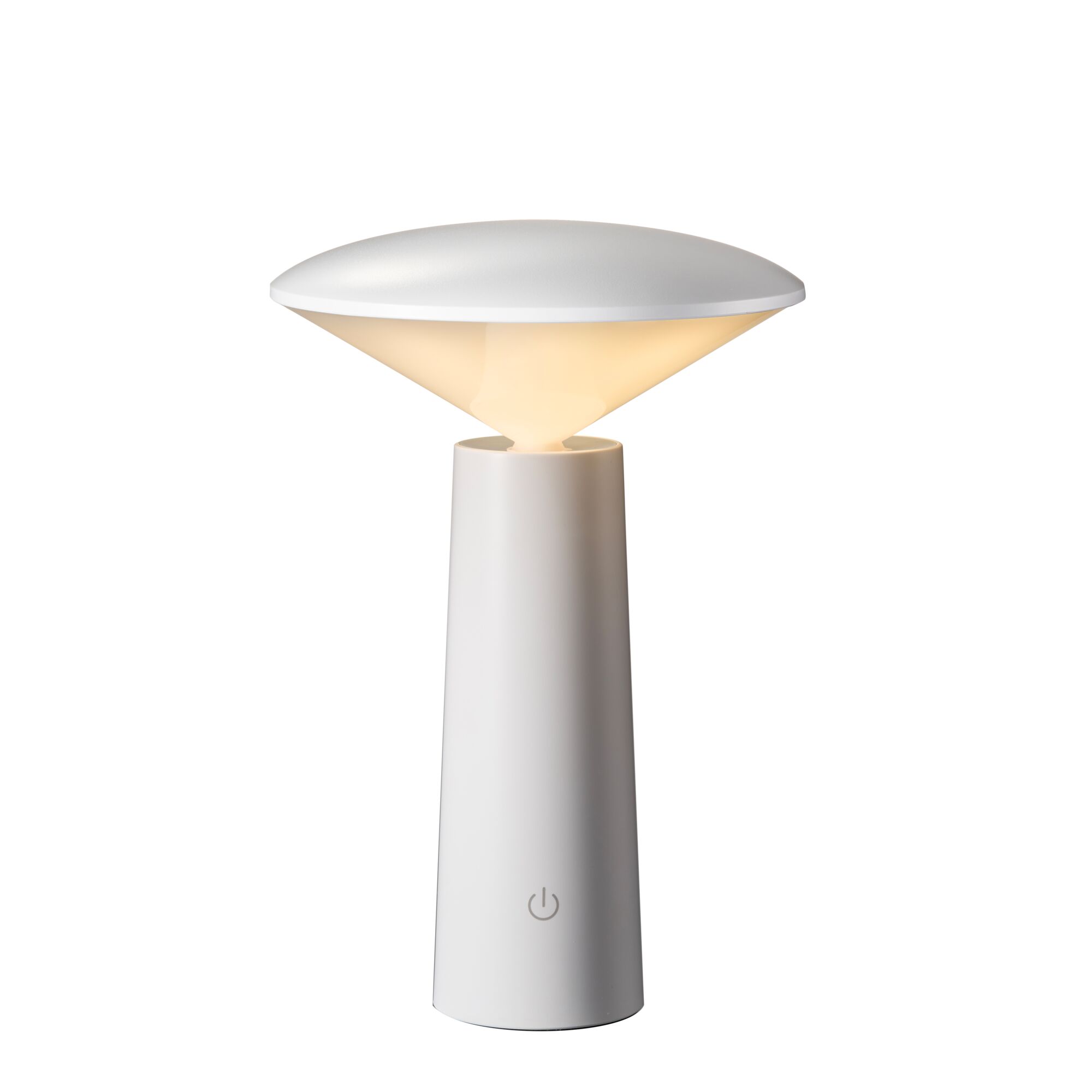 Modern white plastic LED table lamp with warm light and touch power button for ambient lighting