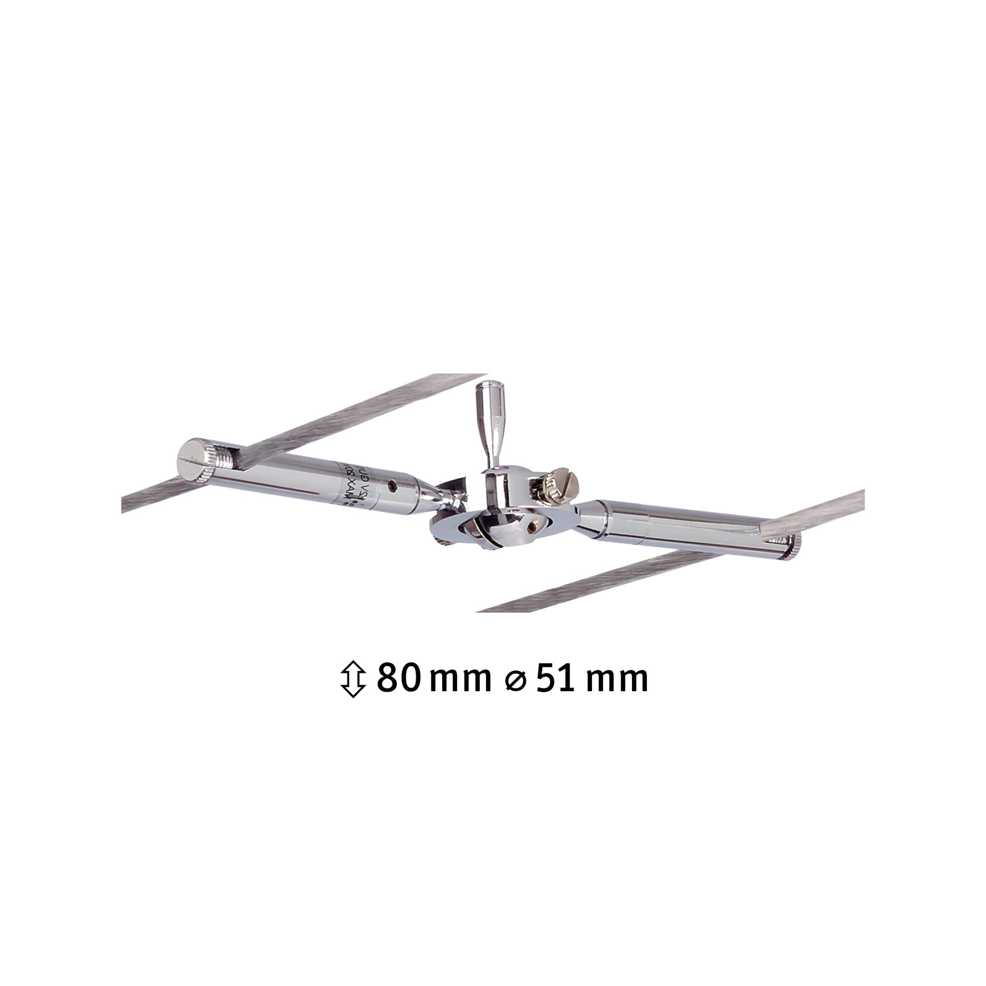 Verstelbare kabelspanner van chroommetaal 80 mm lang en 51 mm diameter voor kabelsystemen