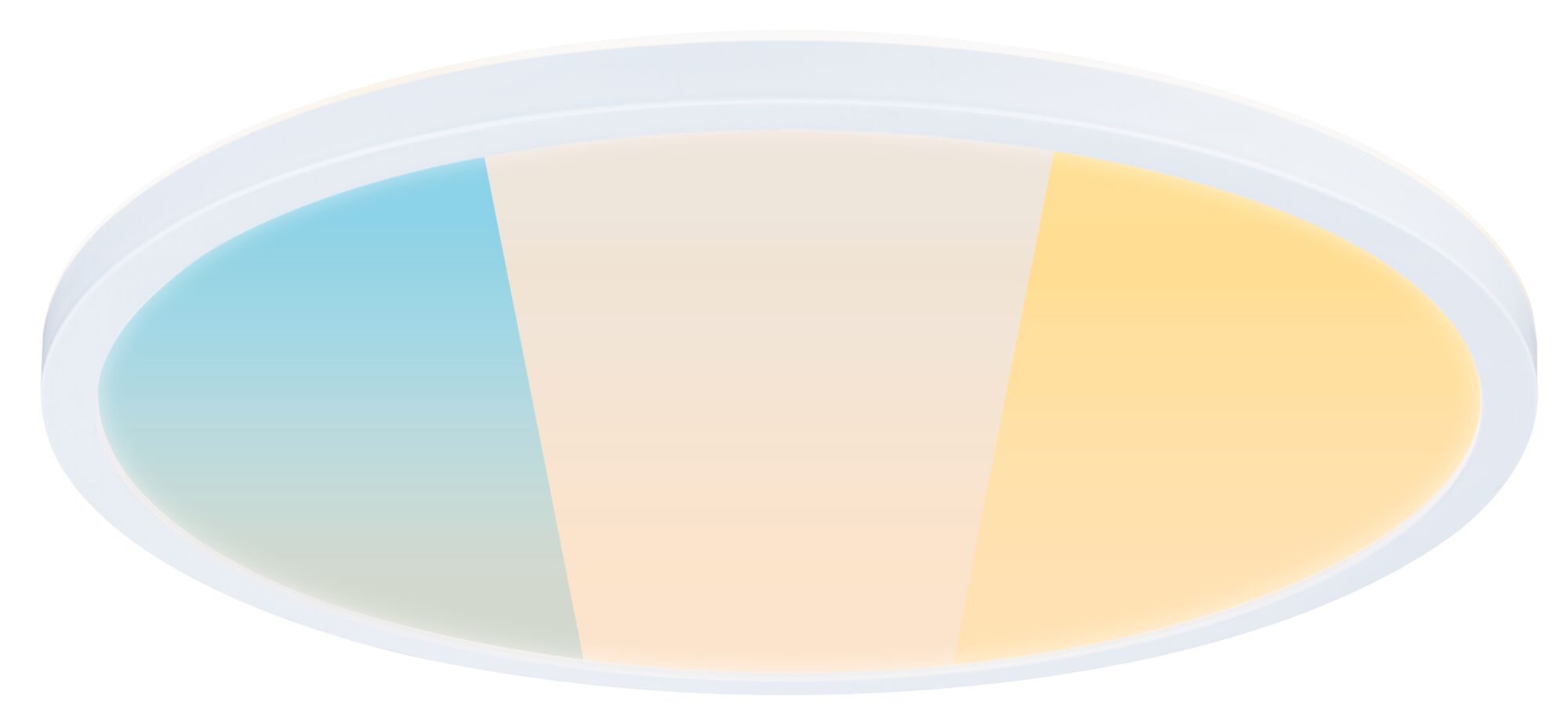 LED-paneel Atria Shine White Select IP44 rond 398mm 20,8W 2800lm 3000 - 6500K Wit Ronde LED-plafondlamp met wit frame en instelbare kleurtemperatuur in blauw, wit en geel.