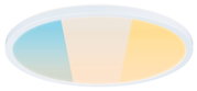 Plafonnier LED rond avec cadre blanc et température de couleur réglable en bleu, blanc et jaune.
