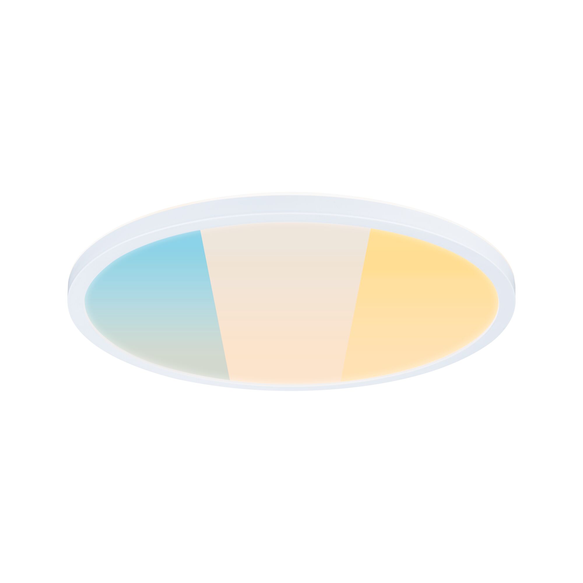 LED Panel Atria Shine White Select IP44 round 398mm 20,8W 2800lm White Select White Round LED ceiling light with white frame and adjustable color temperature in blue, white, and yellow tones.