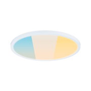 Round LED ceiling light with white frame and adjustable color temperature in blue, white, and yellow tones.