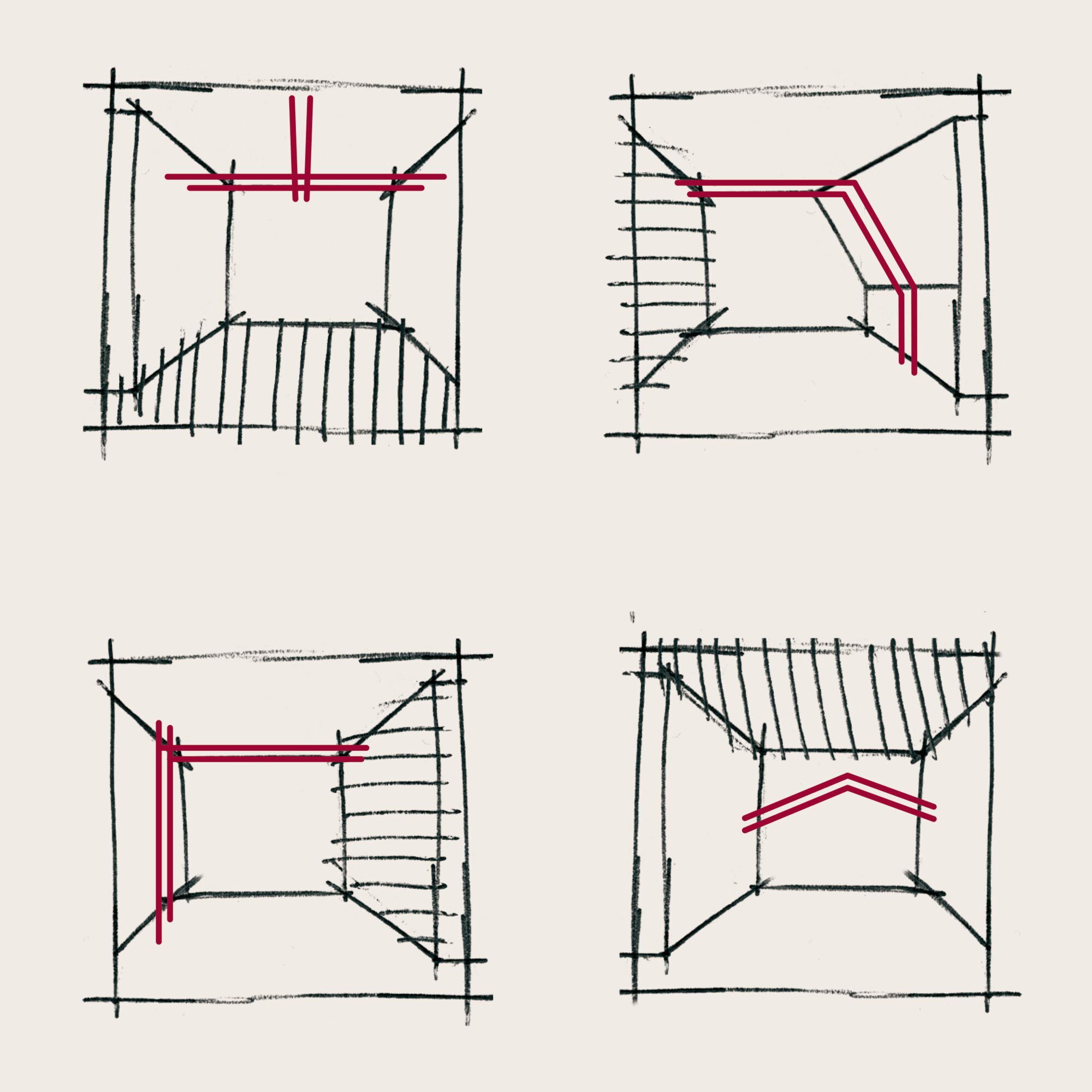 Croquis de vues de pièces avec tracés rouges de câblage pour systèmes d'éclairage Paulmann.
