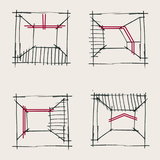 Croquis de vues de pièces avec tracés rouges de câblage pour systèmes d'éclairage Paulmann.