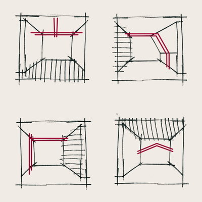 Croquis de vues de pièces avec tracés rouges de câblage pour systèmes d'éclairage Paulmann.