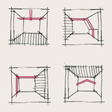 Skizzen von Raumansichten mit roten Leitungsführungen für Paulmann Beleuchtungssysteme.