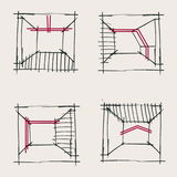 Croquis de vues de pièces avec tracés rouges de câblage pour systèmes d'éclairage Paulmann.