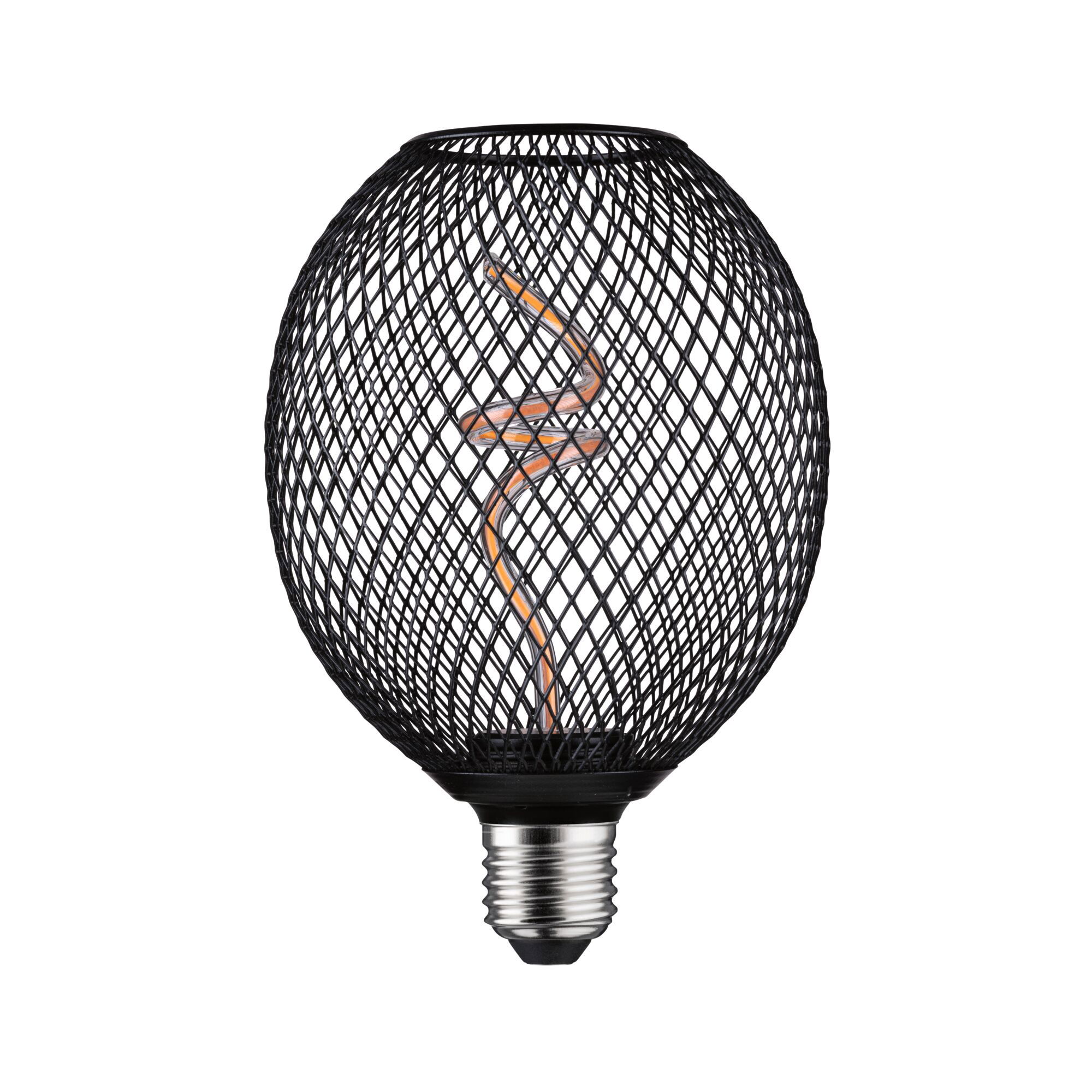 Black LED bulb with decorative mesh casing and spiral filament for stylish lighting and modern interior design