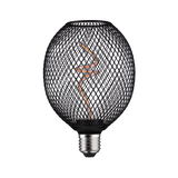 Black LED bulb with decorative mesh casing and spiral filament for stylish lighting and modern interior design