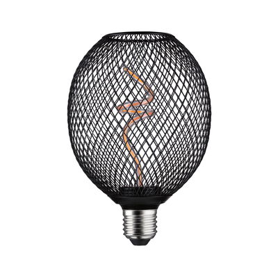Black LED bulb with decorative mesh casing and spiral filament for stylish lighting and modern interior design