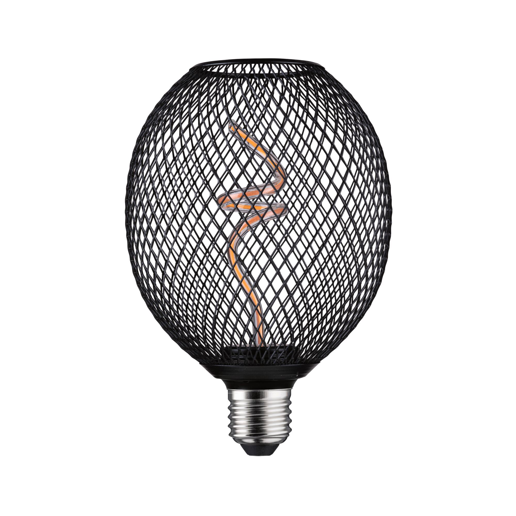 Black LED bulb with decorative mesh casing and spiral filament for stylish lighting and modern interior design