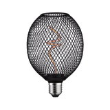 Black LED bulb with decorative mesh casing and spiral filament for stylish lighting and modern interior design