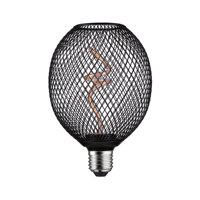 Black LED bulb with decorative mesh casing and spiral filament for stylish lighting and modern interior design