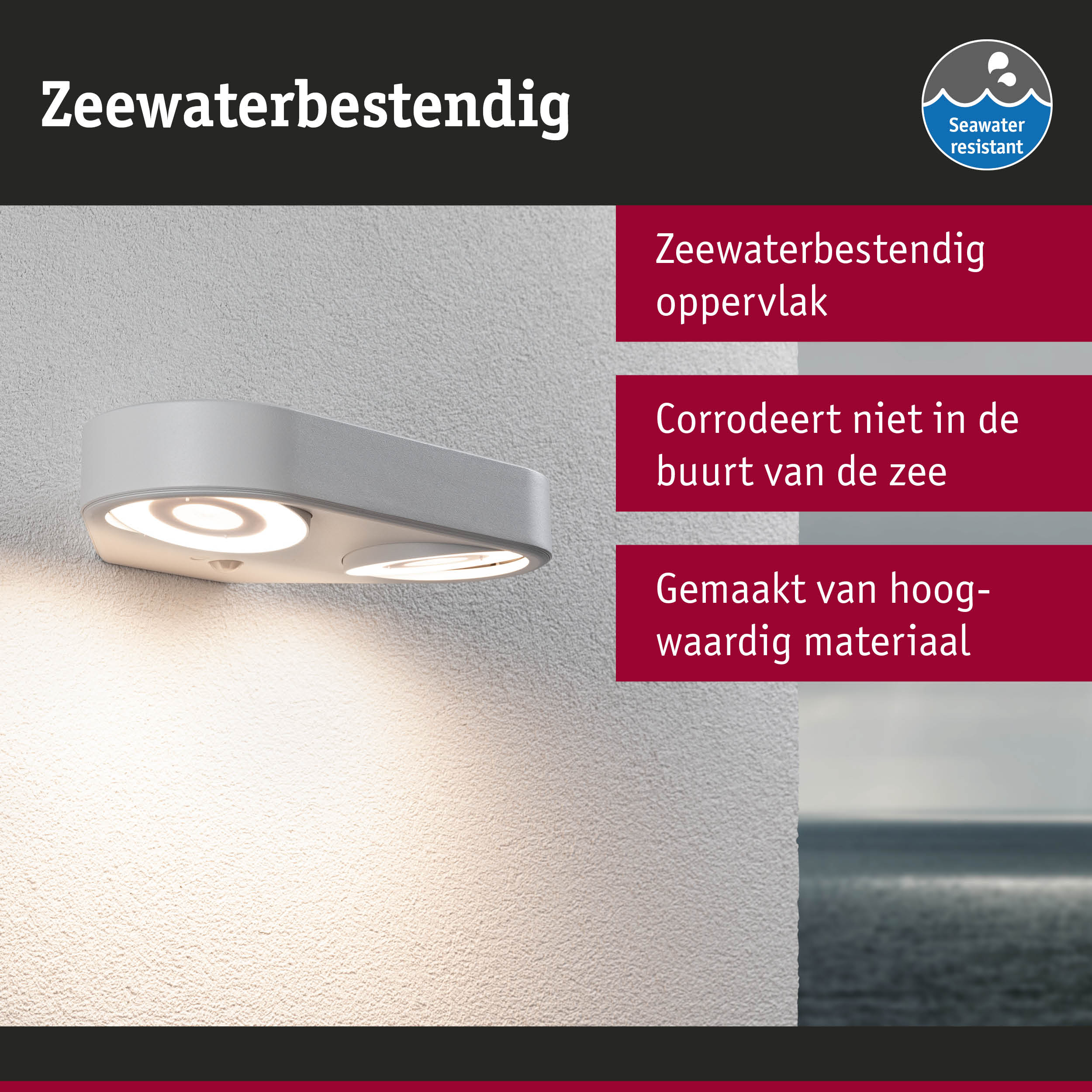 Grijze buitenwandlamp met zeewaterbestendig materiaal en LED-verlichting voor kustgebieden