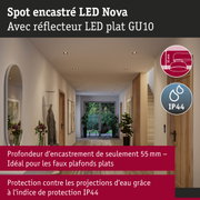 Spot encastré LED Nova avec réflecteur plat GU10, profondeur d’encastrement 55 mm, protection IP44
