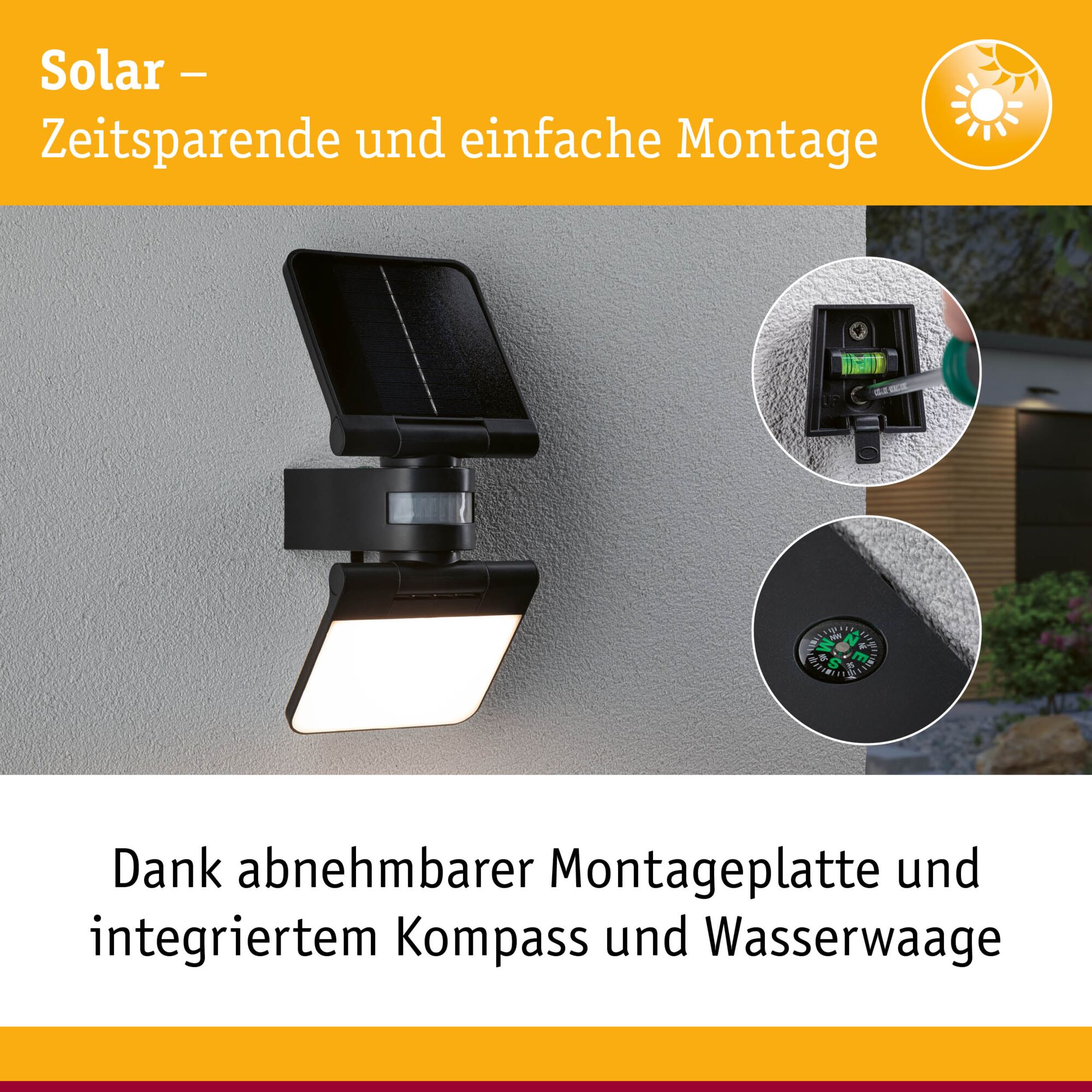 Schwarze Solar-Außenleuchte mit abnehmbarer Montageplatte, integriertem Kompass und Wasserwaage für einfache Installation