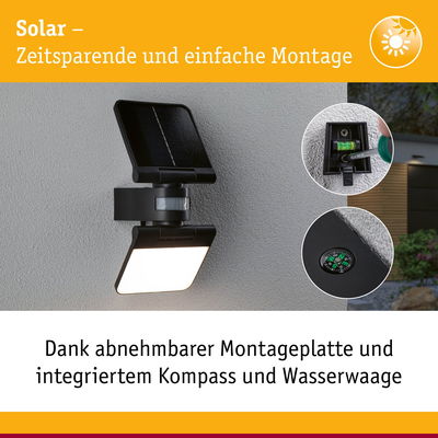 Schwarze Solar-Außenleuchte mit abnehmbarer Montageplatte, integriertem Kompass und Wasserwaage für einfache Installation