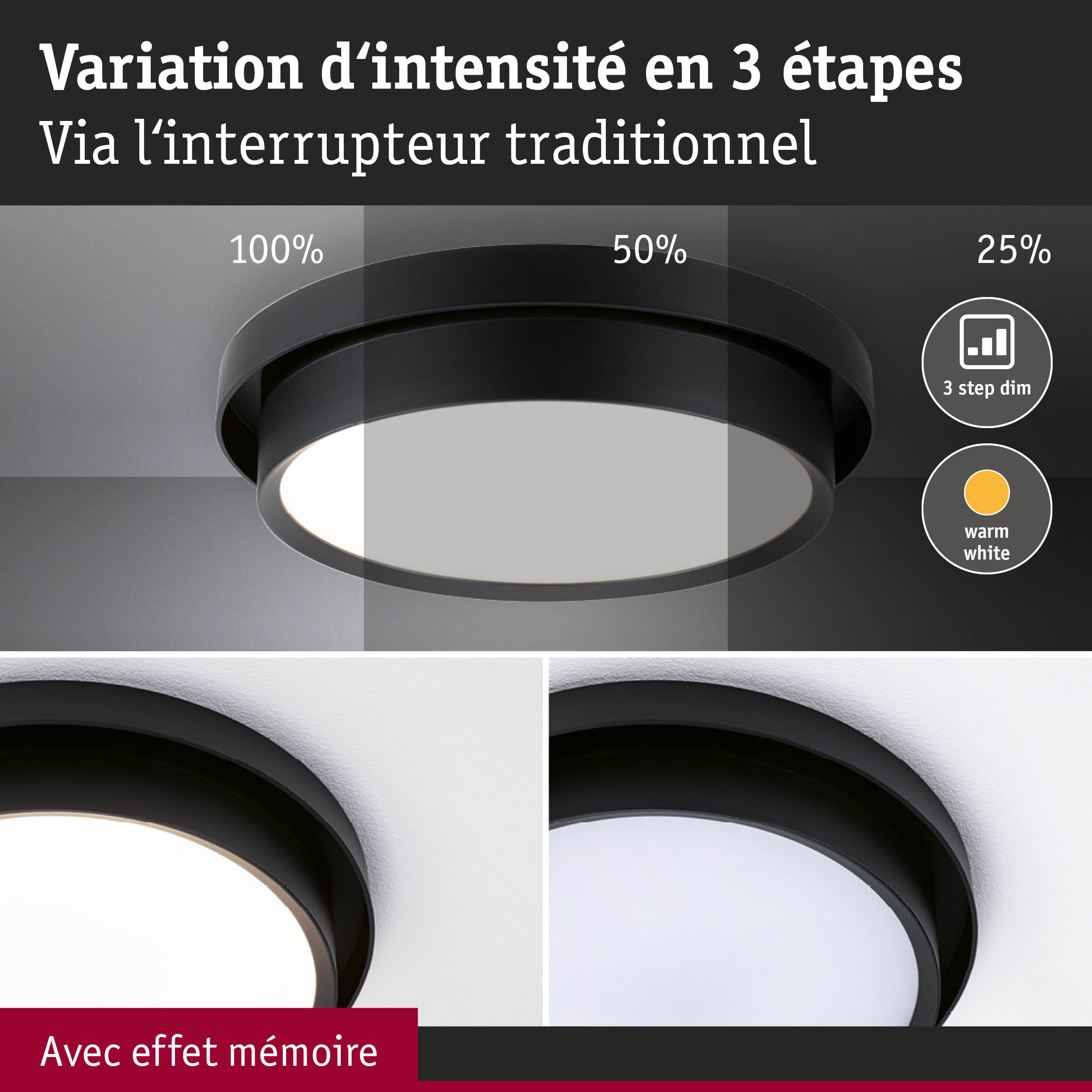 Plafonnier LED noir avec variation d'intensité en 3 étapes et lumière blanc chaud pour intérieur