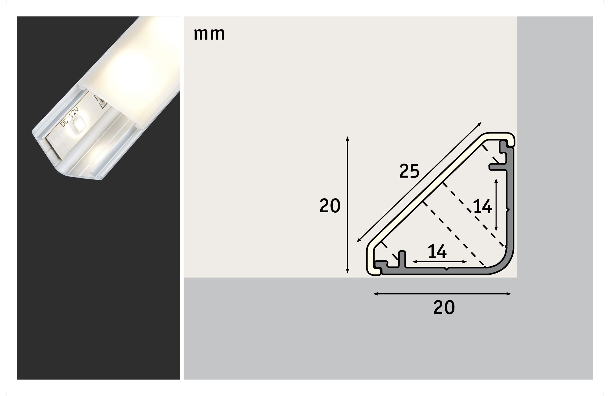 Technical drawing and close-up of white LED aluminum profile with dimensions in mm for LED lighting.