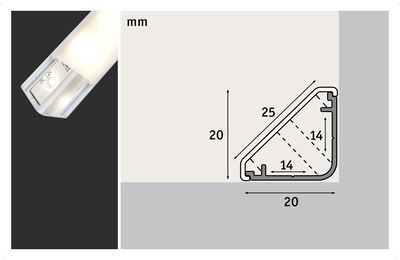 Technical drawing and close-up of white LED aluminum profile with dimensions in mm for LED lighting.
