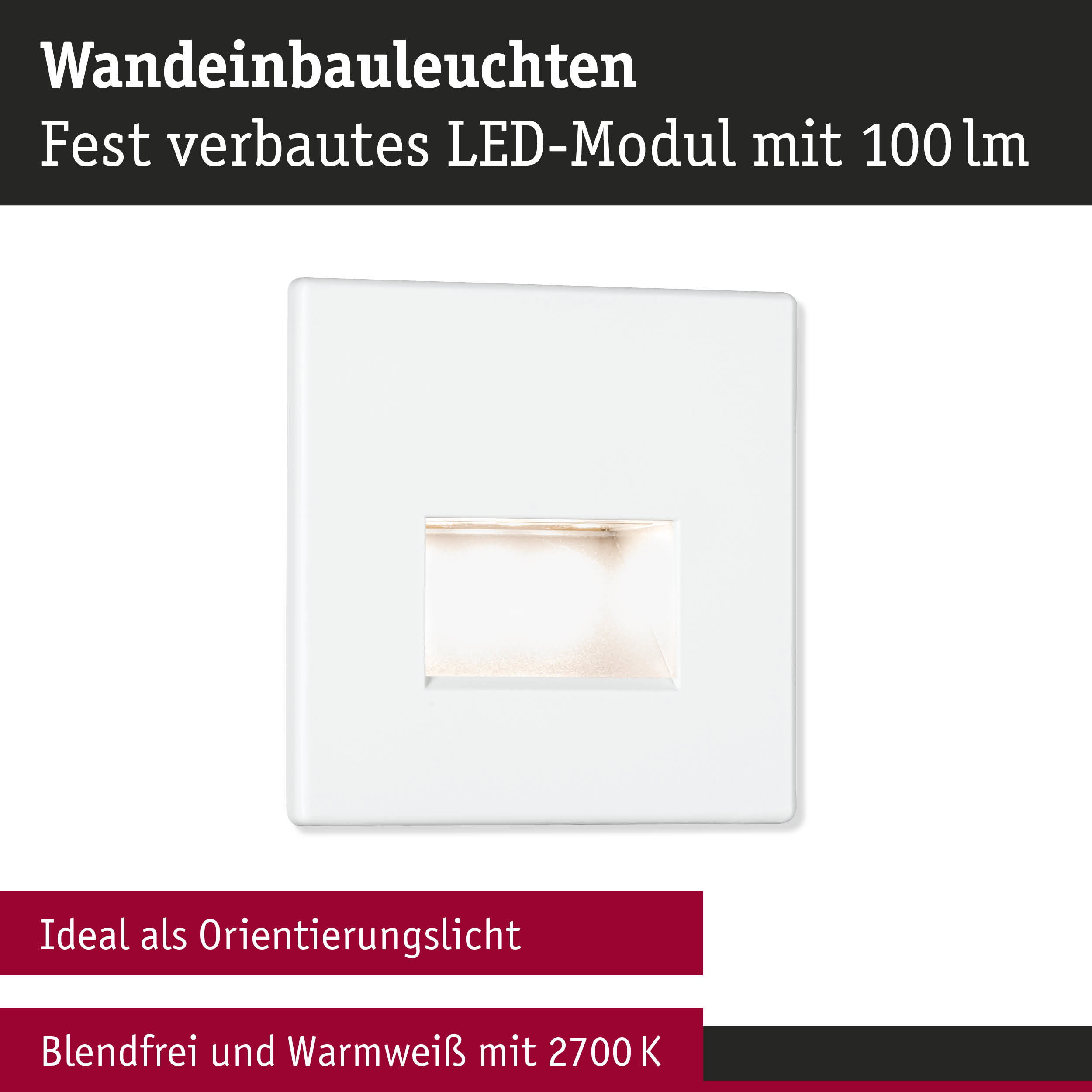 Weißes LED-Wandeinbauleuchte mit fest verbautem Modul und 2700K warmweißem Licht als Orientierungslicht