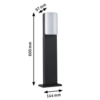 Black outdoor metal lamp with white plastic shade, dimensions 600x144x97 mm, modern garden lighting