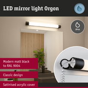 LED mirror light Orgon in matt black with satinised acrylic cover for bathroom lighting