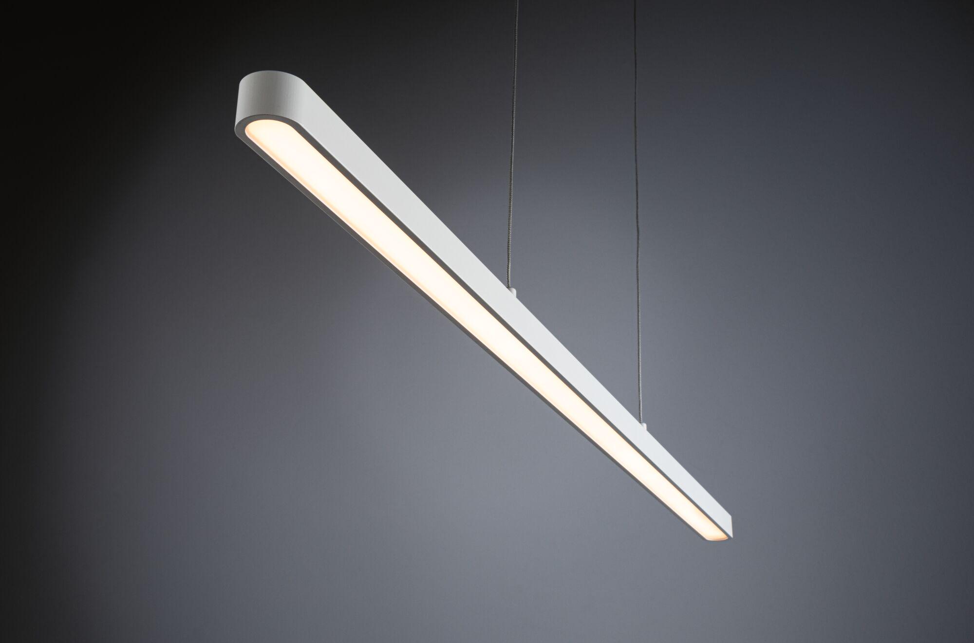 Modern white metal LED pendant light with warm white illumination for living spaces