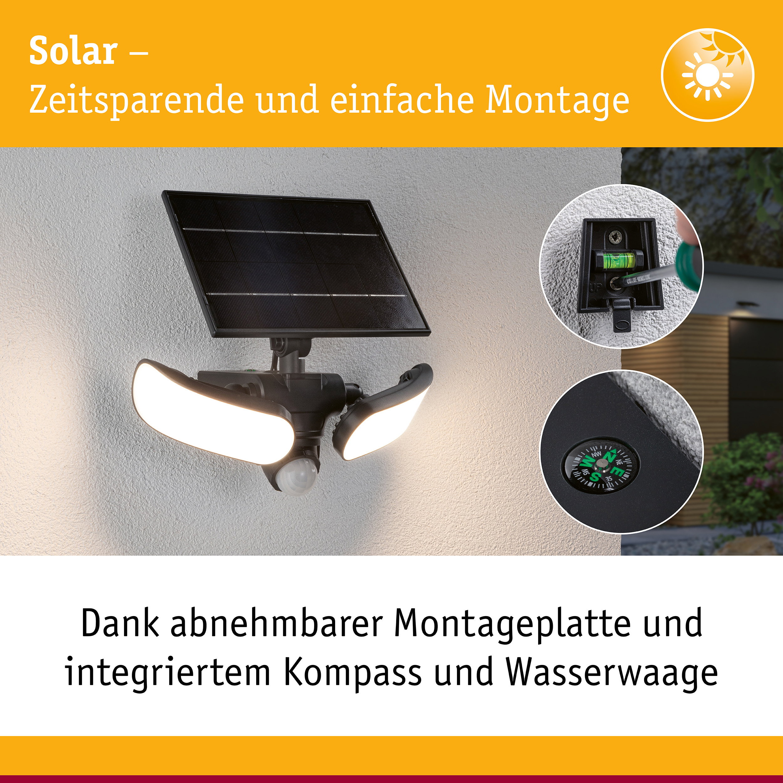 Solar LED Wandfluter Sonlig Dämmerungsgesteuerter Bewegungsmelder (IR) IP65 eckig 286x258mm 3000K 2x9W 2x1100lm 3,7V Anthrazit Kunststoff