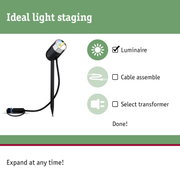 Black LED outdoor spotlight with ground spike and cable for garden lighting and light staging