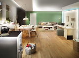 Moderne woonkamer met houten vloer, grijze bank, witte salontafel en groene accentmuur verlicht met LED-licht.